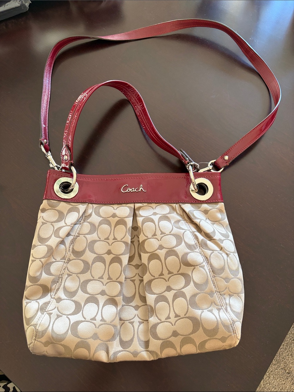 Coach Beige Signature Shoulder Bag with Burgundy Trim